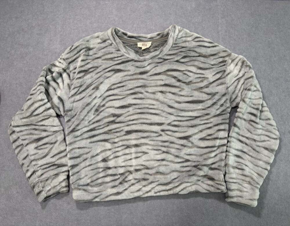 Hippie Rose Sweatshirt Size M Gray Zebra Print Fuzzy Fleece